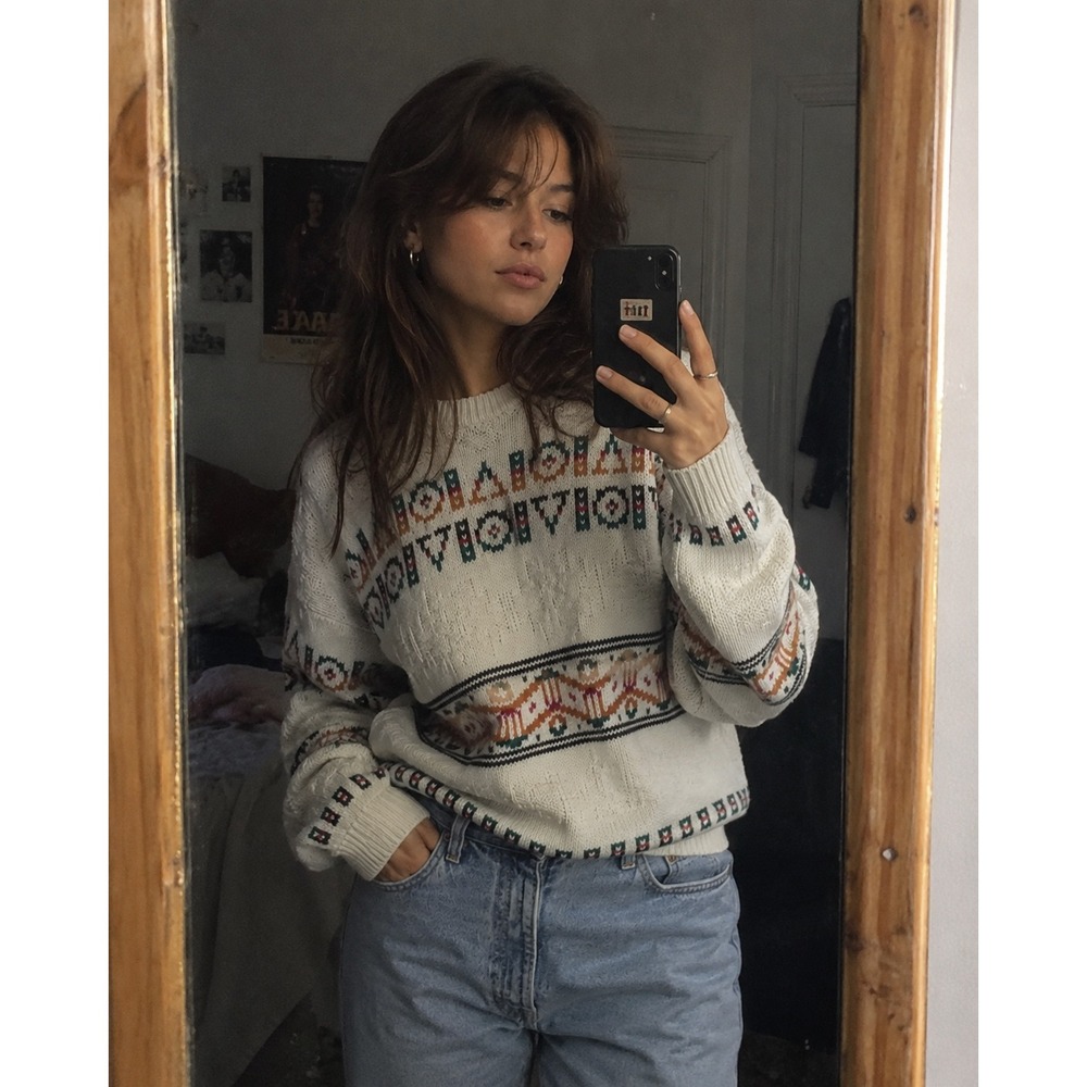 Vintage 90s Lands End Chunky Sothwestern Sweater Boxy Cropped Oversized L Casual